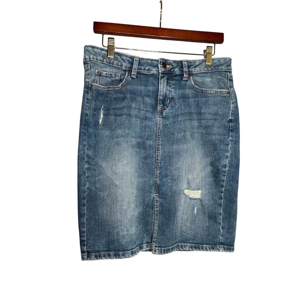 Gap Denim Pencil Skirt 8 Medium Wash Distressed Front Slit Knee Length Y2k 80s